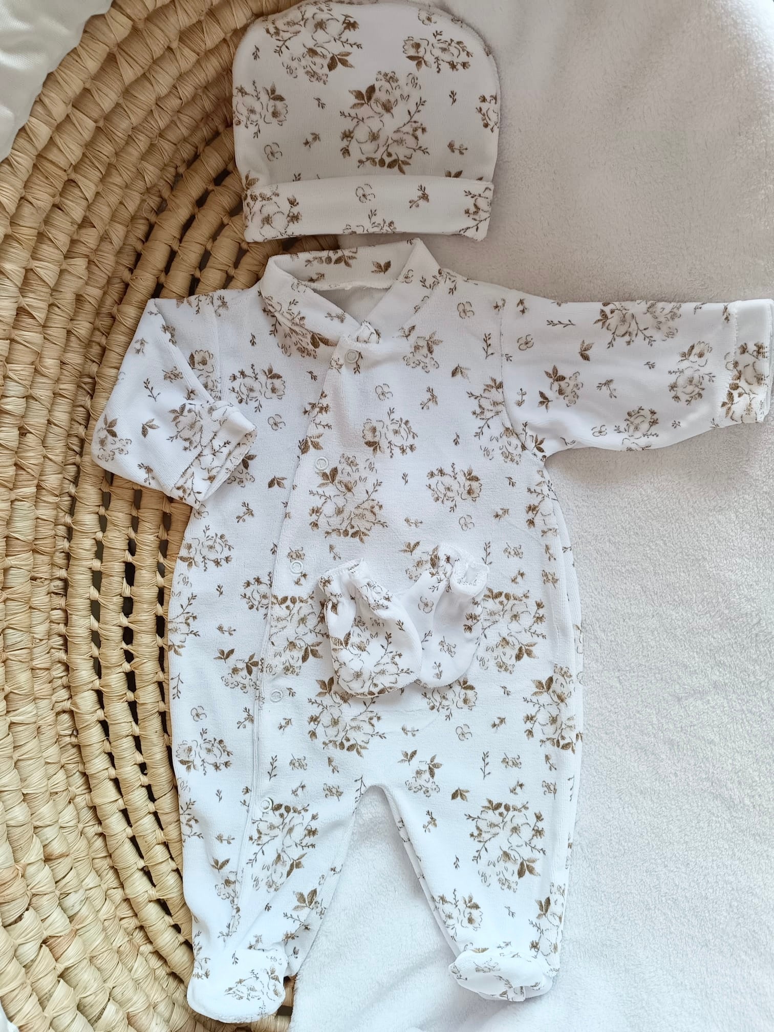 Dors bien velours fleurs de coton tons beige/marron, 3 pièces