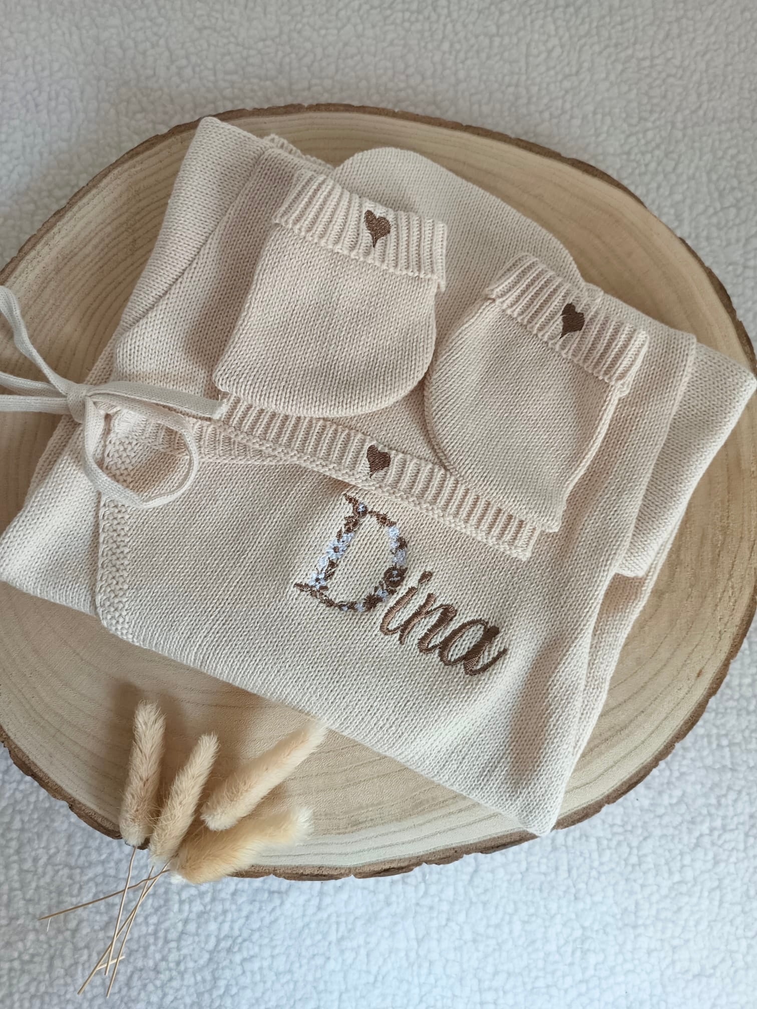 Combinaison beige 100% coton, 3 pièces, 0/3 mois - personnalisable -