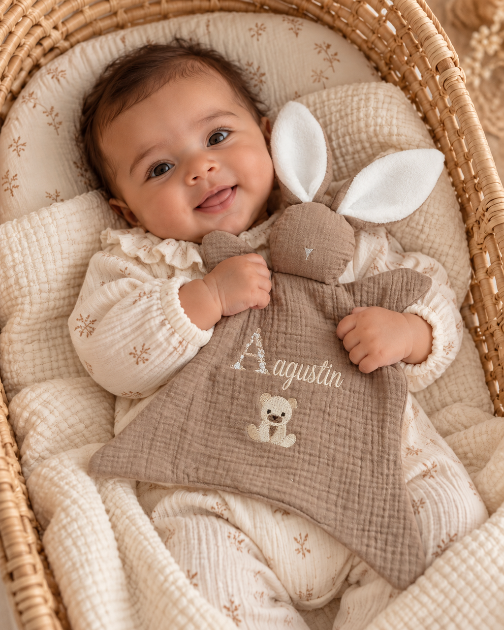 Doudou lapin personnalisé bébé en gaze de coton