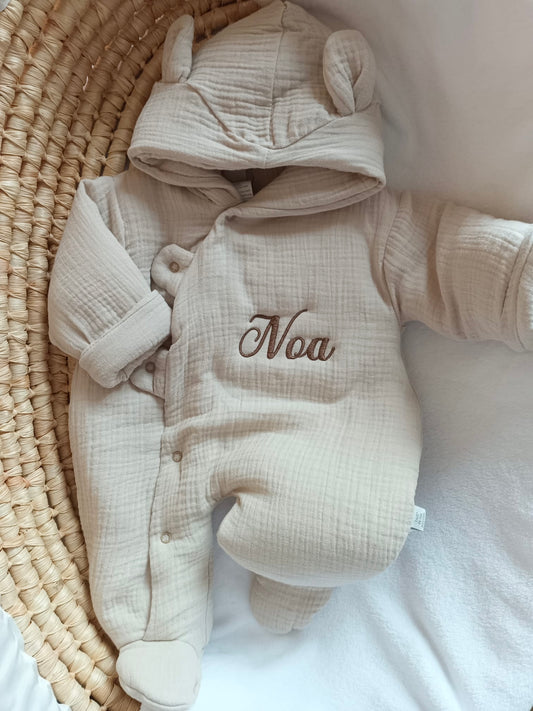 Combinaison pilote en gaze de coton beige avec oreilles - personnalisable - plusieurs tailles -