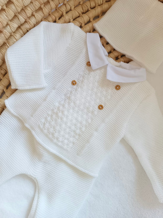 Ensemble complet naissance blanc avec détails boutons 0/3 mois