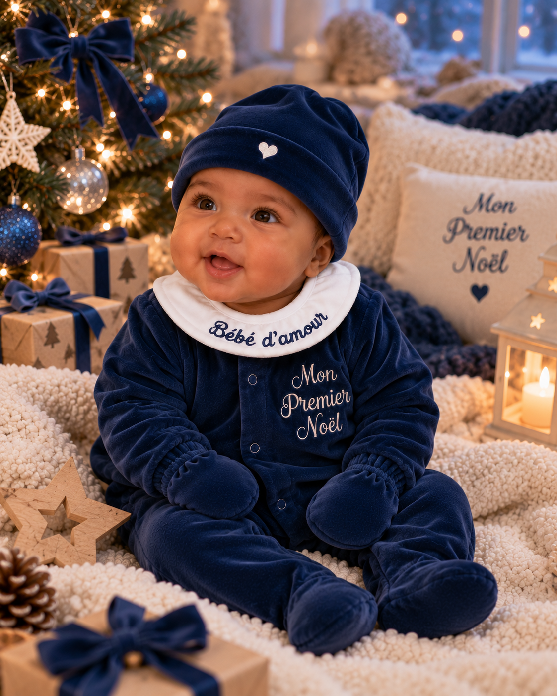 Ensemble bébé Mon Premier Noel brodé - 4 pièces en velours - 0/3 mois
