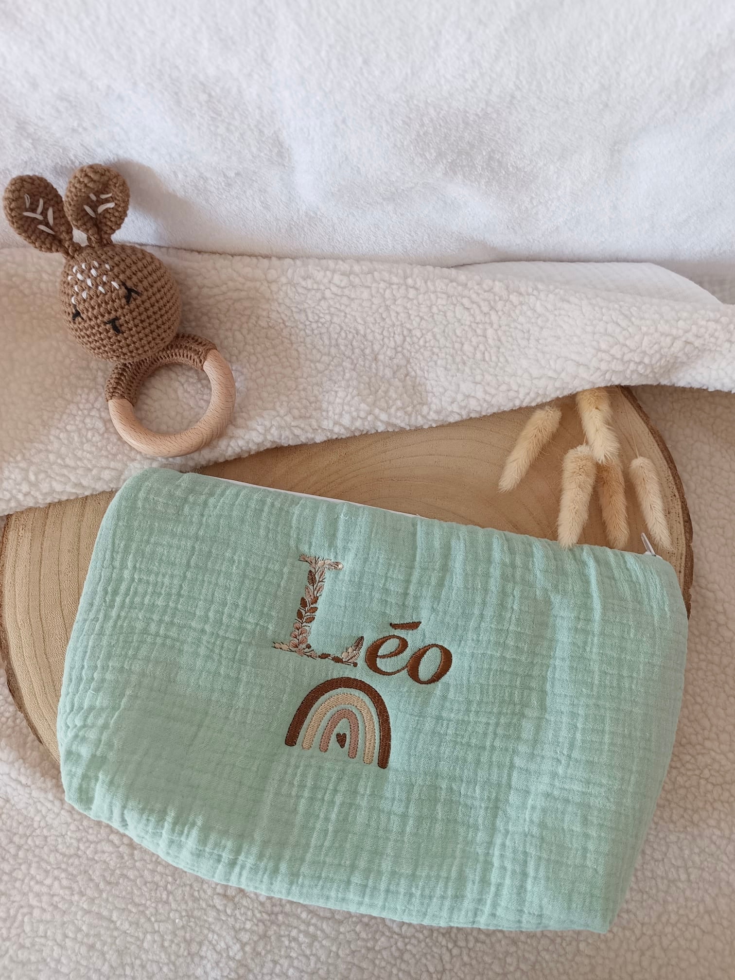Trousse en gaze de coton vert sauge - personnalisable -