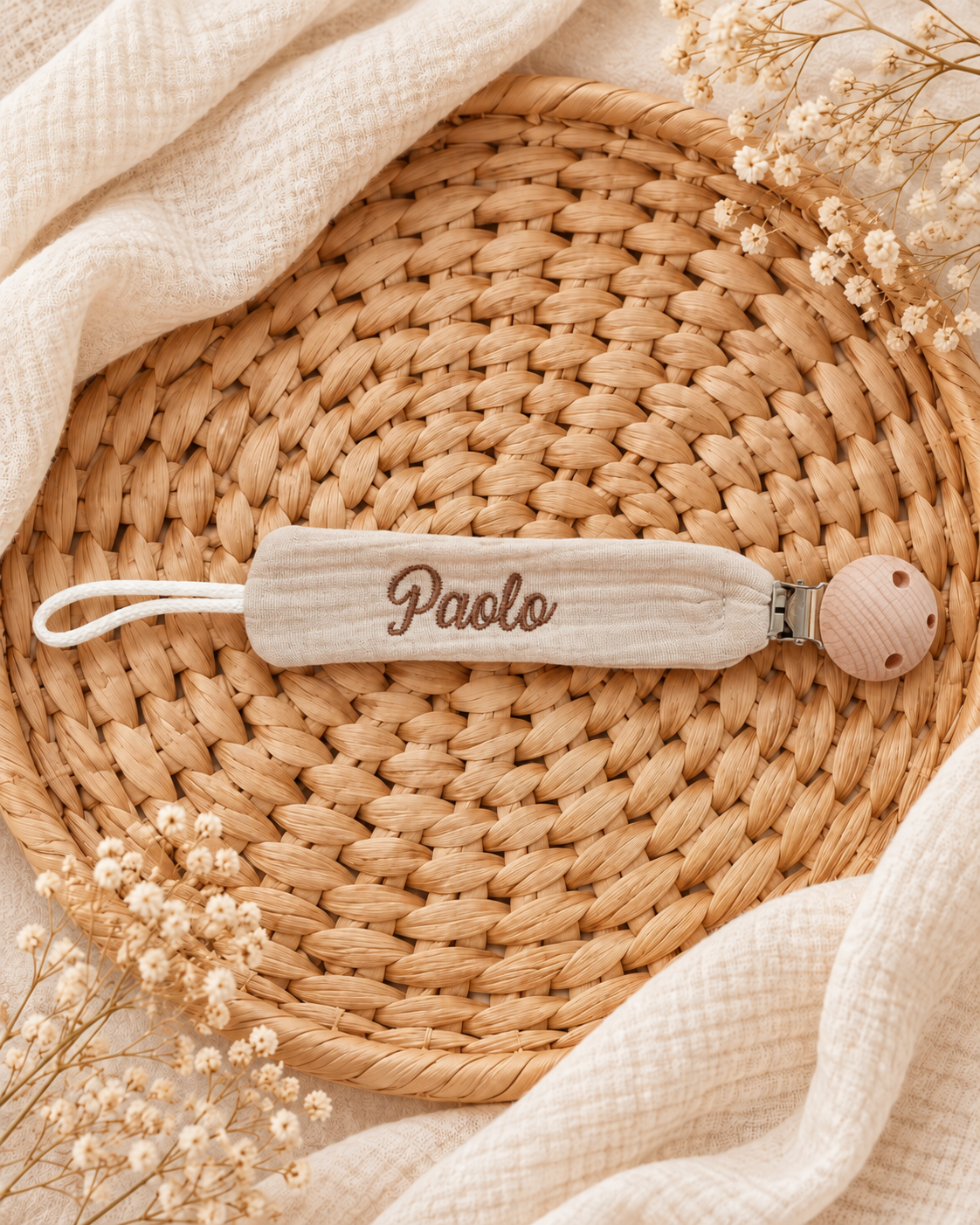 Attache-tétine personnalisée bébé en gaze de coton