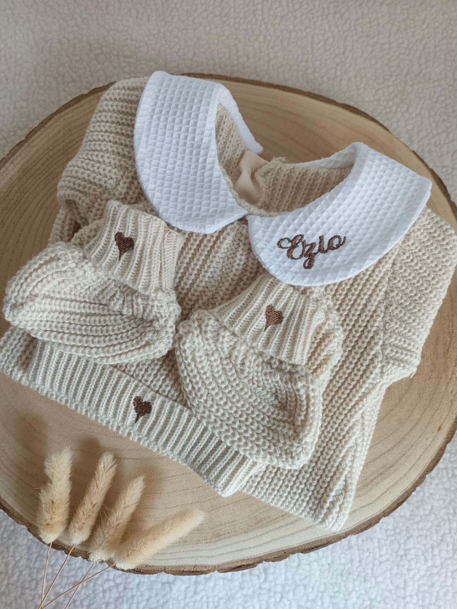 Combinaison maille beige, avec col, 0/3 mois, 3 pièces - personnalisable -