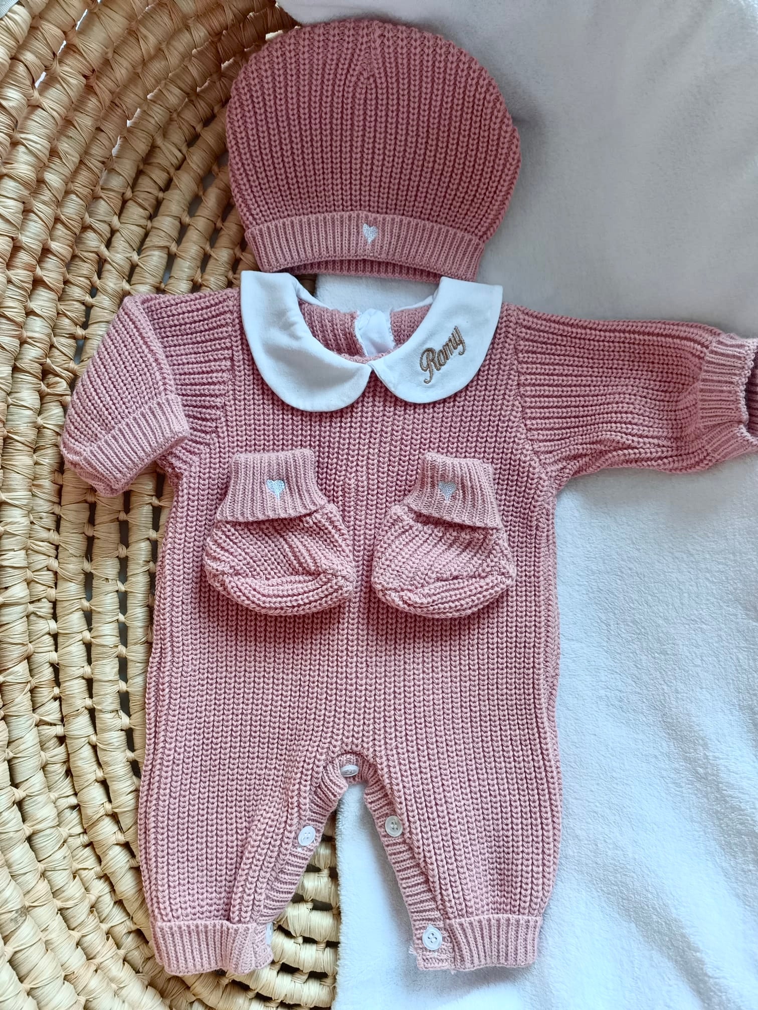 Combinaison maille vieux rose avec col blanc - 0/3 mois - personnalisable
