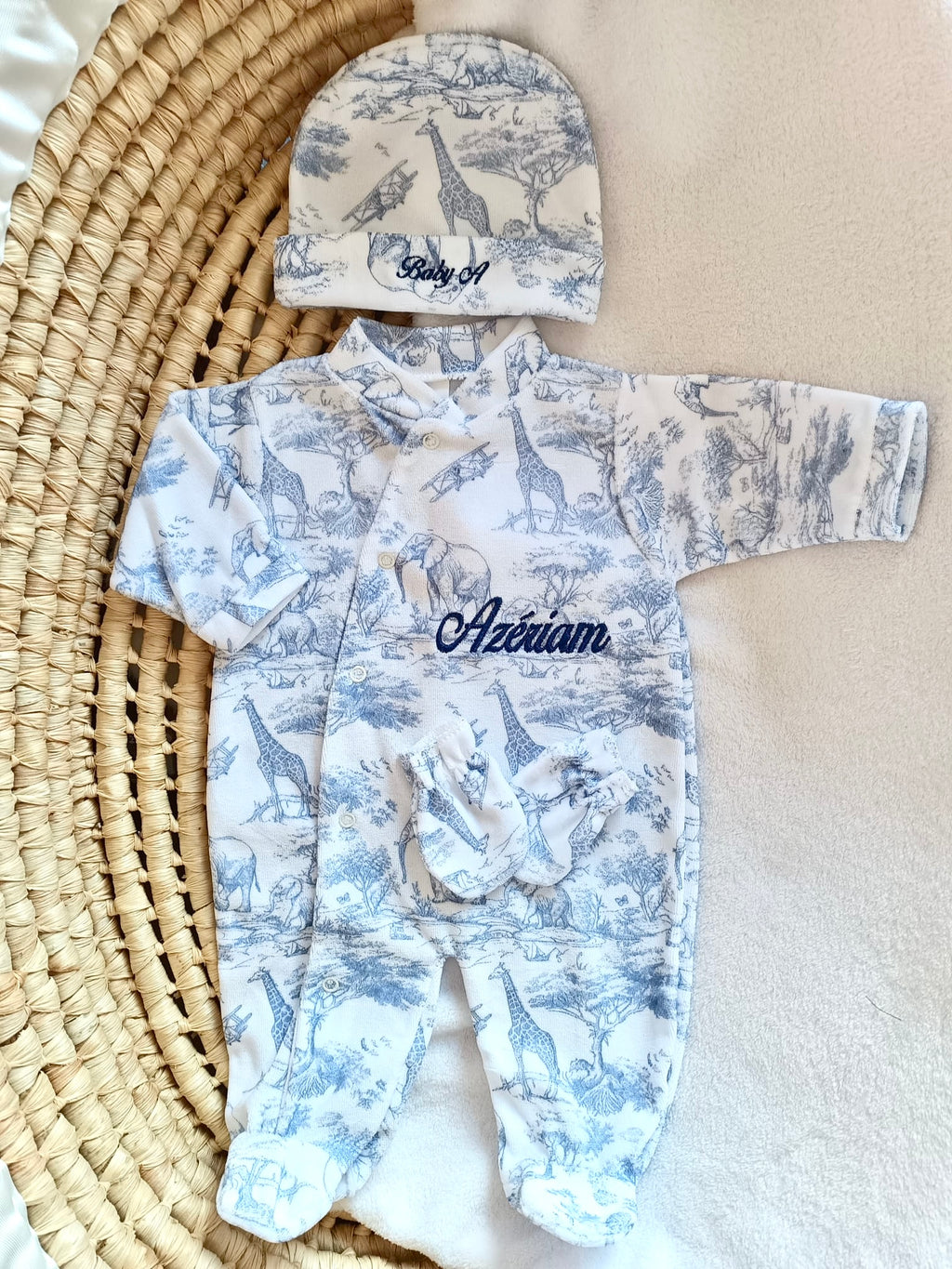 Dors bien velours tons safari bleuté , 3 pièces