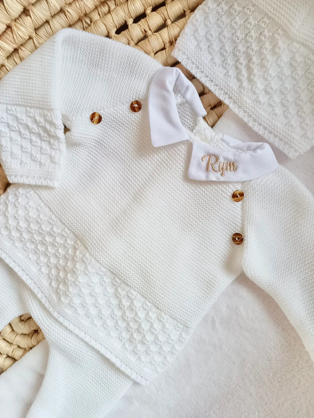 Ensemble naissance en maille personnalisé - Petit Trésor