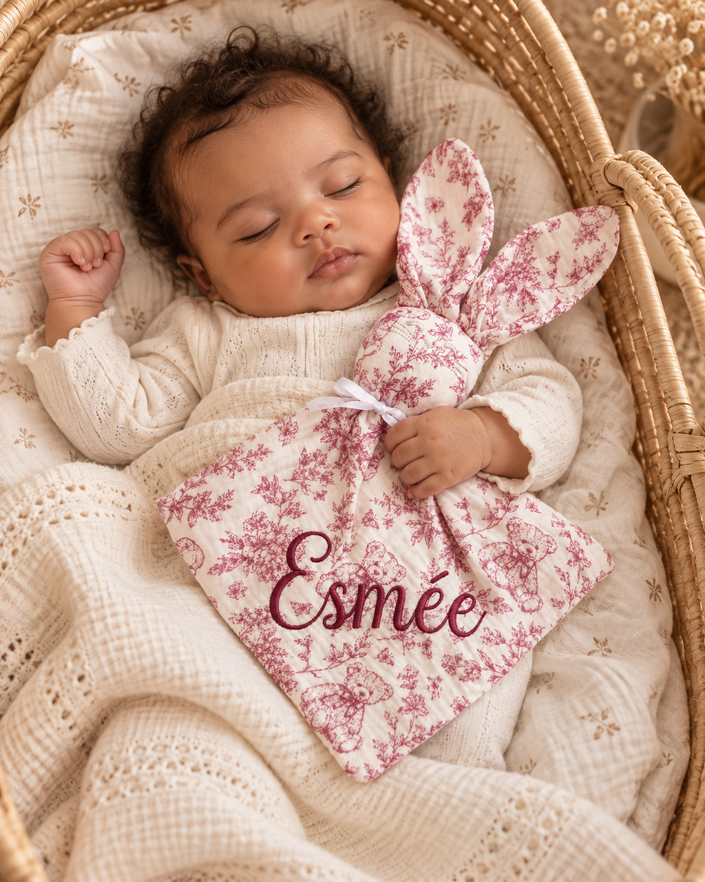 Doudou lapin personnalisé bébé en gaze de coton – Rêve d’Ourson