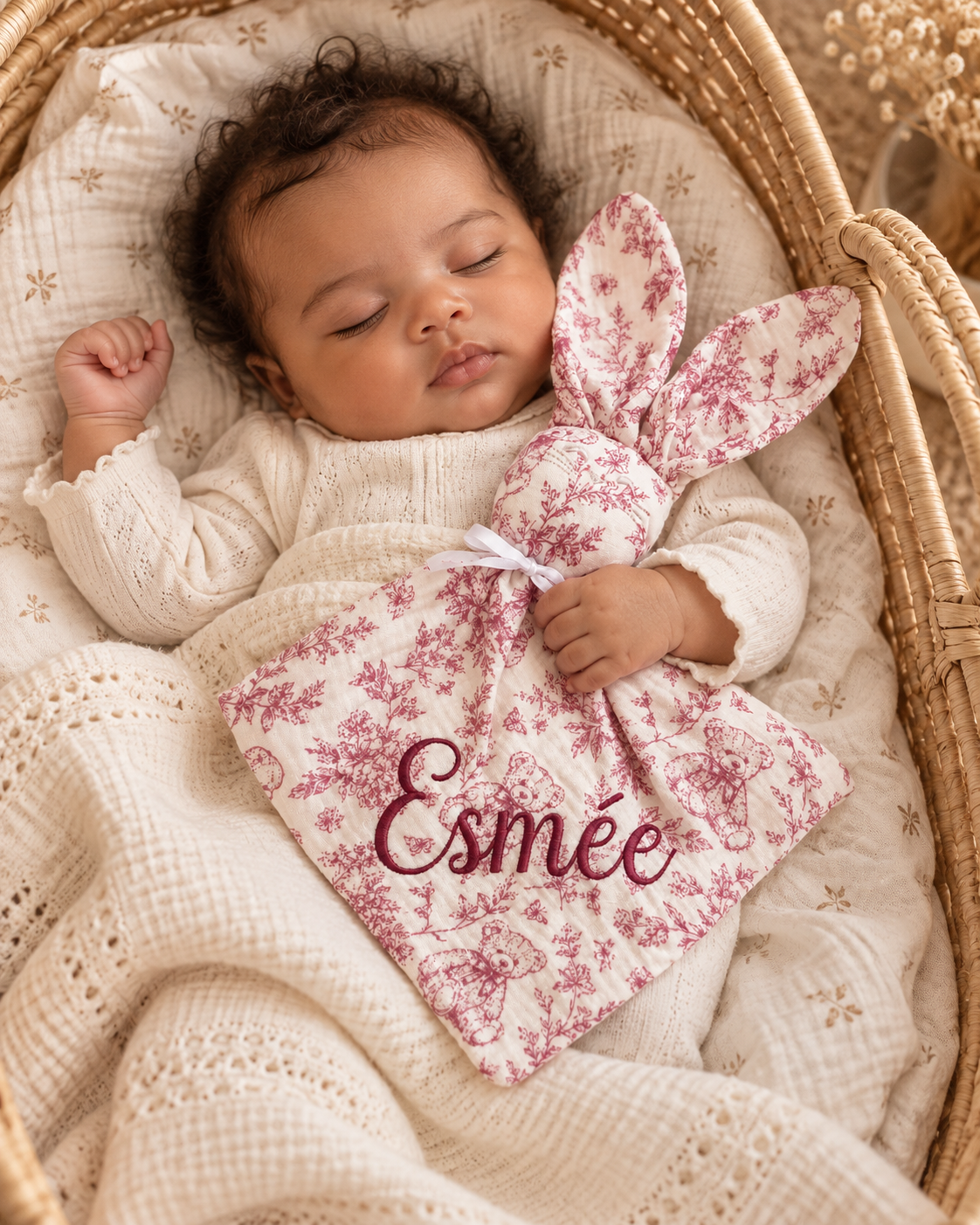 Doudou lapin personnalisé bébé en gaze de coton – Rêve d’Ourson
