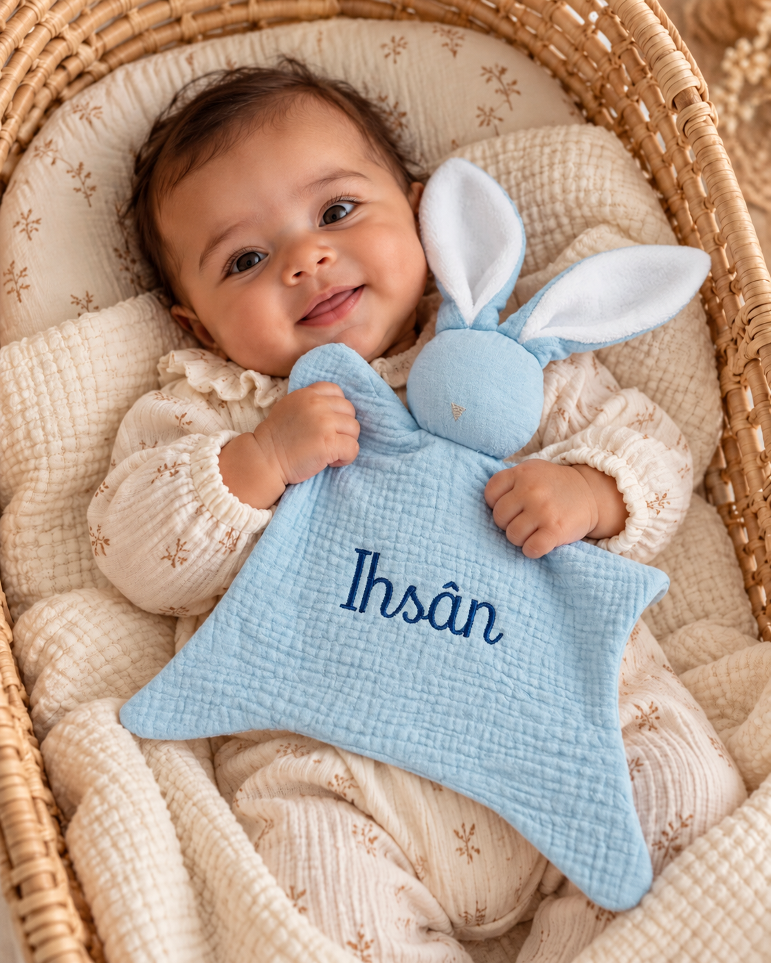 Doudou lapin personnalisé bébé en gaze de coton