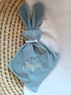 Doudou lapin yeux avec oreilles velours bleu gris