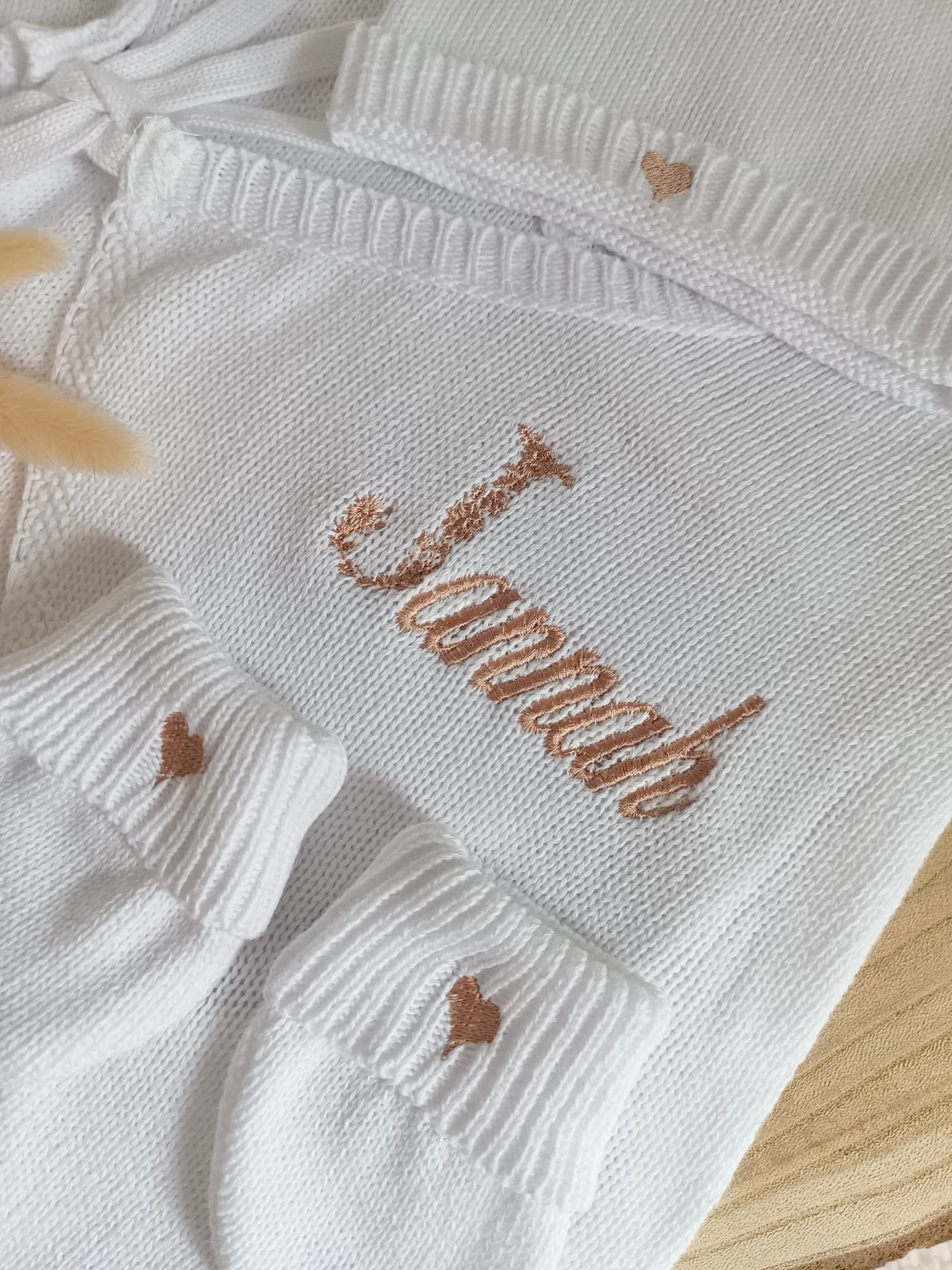 Combinaison blanche 100% coton, 3 pièces, 0/3 mois - personnalisable -
