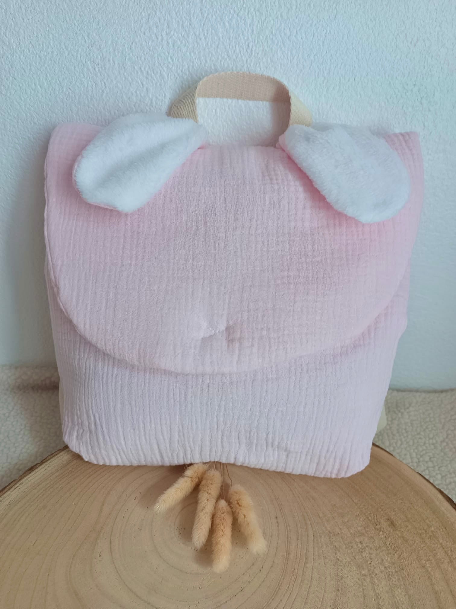 Sac à dos en gaze de coton rose avec oreilles blanche - personnalisable -