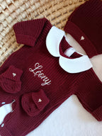 Combinaison maille bordeaux avec col blanc - 0/3 mois 3/6 mois et 9/12 mois  - personnalisable