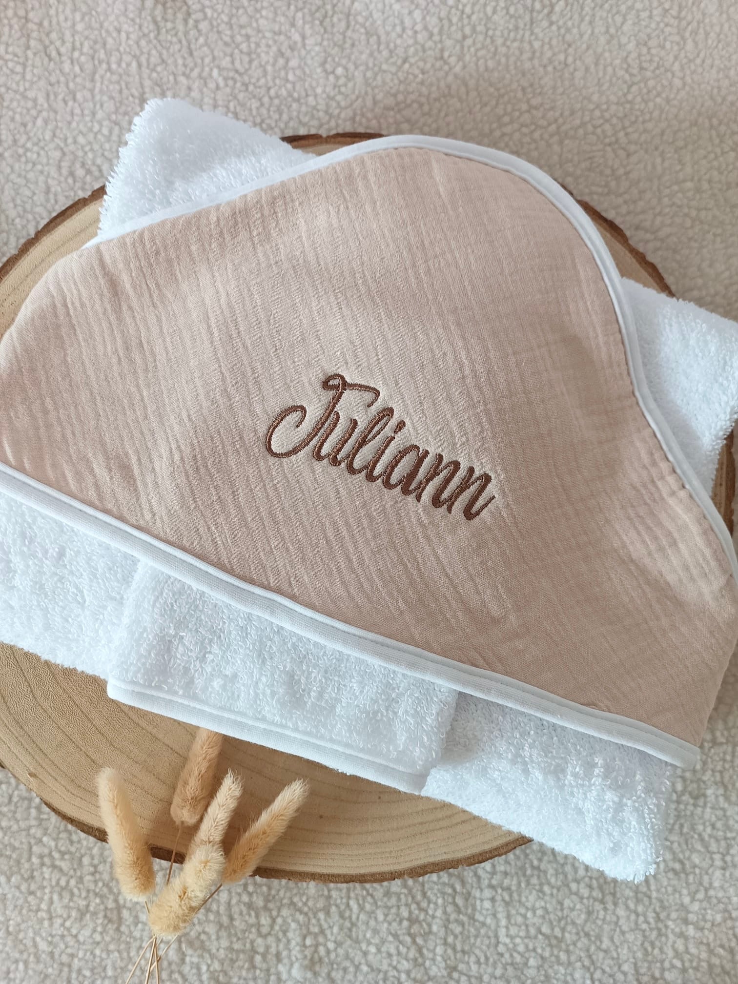 Cape de bain en gaze de coton beige - personnalisable -