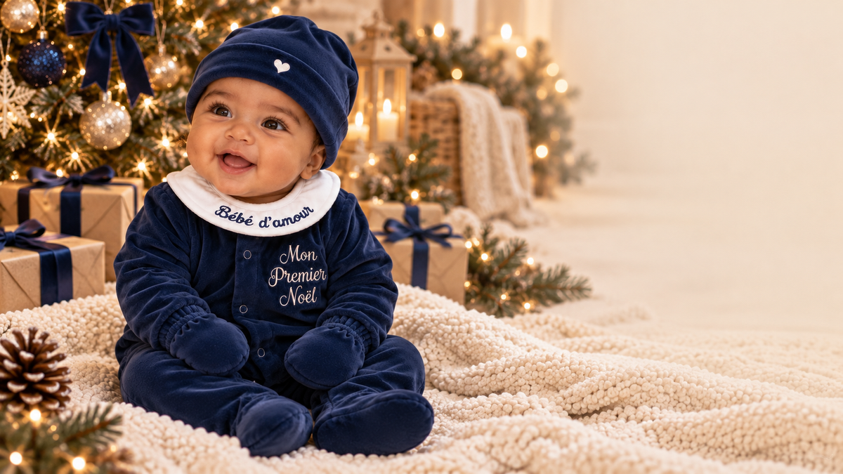 Ensemble bébé Mon Premier Noel brodé - 4 pièces en velours - 0/3 mois