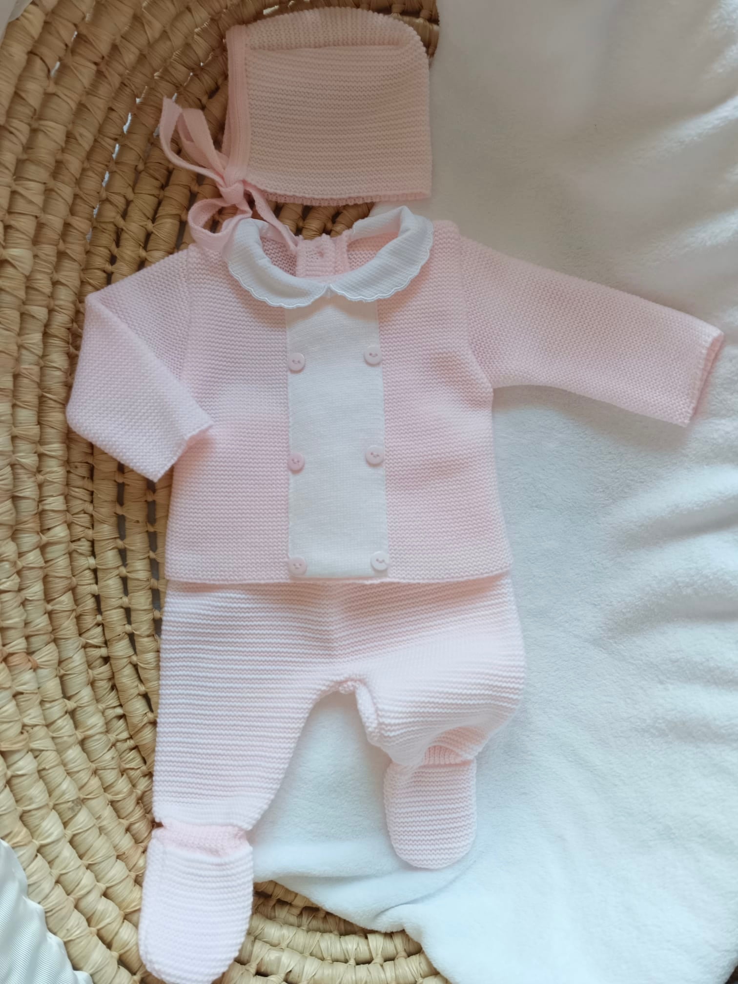 Ensemble complet naissance 0/3 mois, rose avec boutons