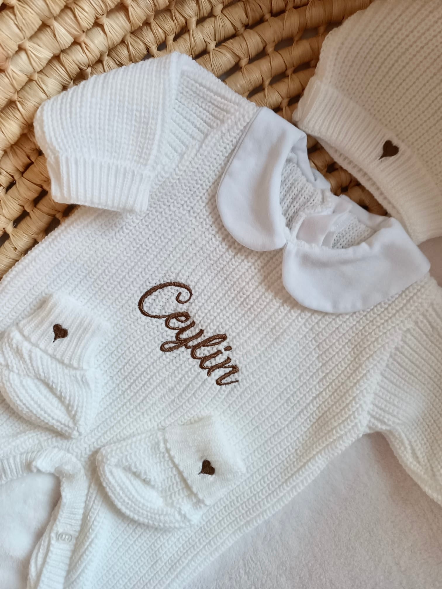Combinaison maille blanc avec col blanc - 0/3 mois 3/6 mois et 9/12 mois - personnalisable