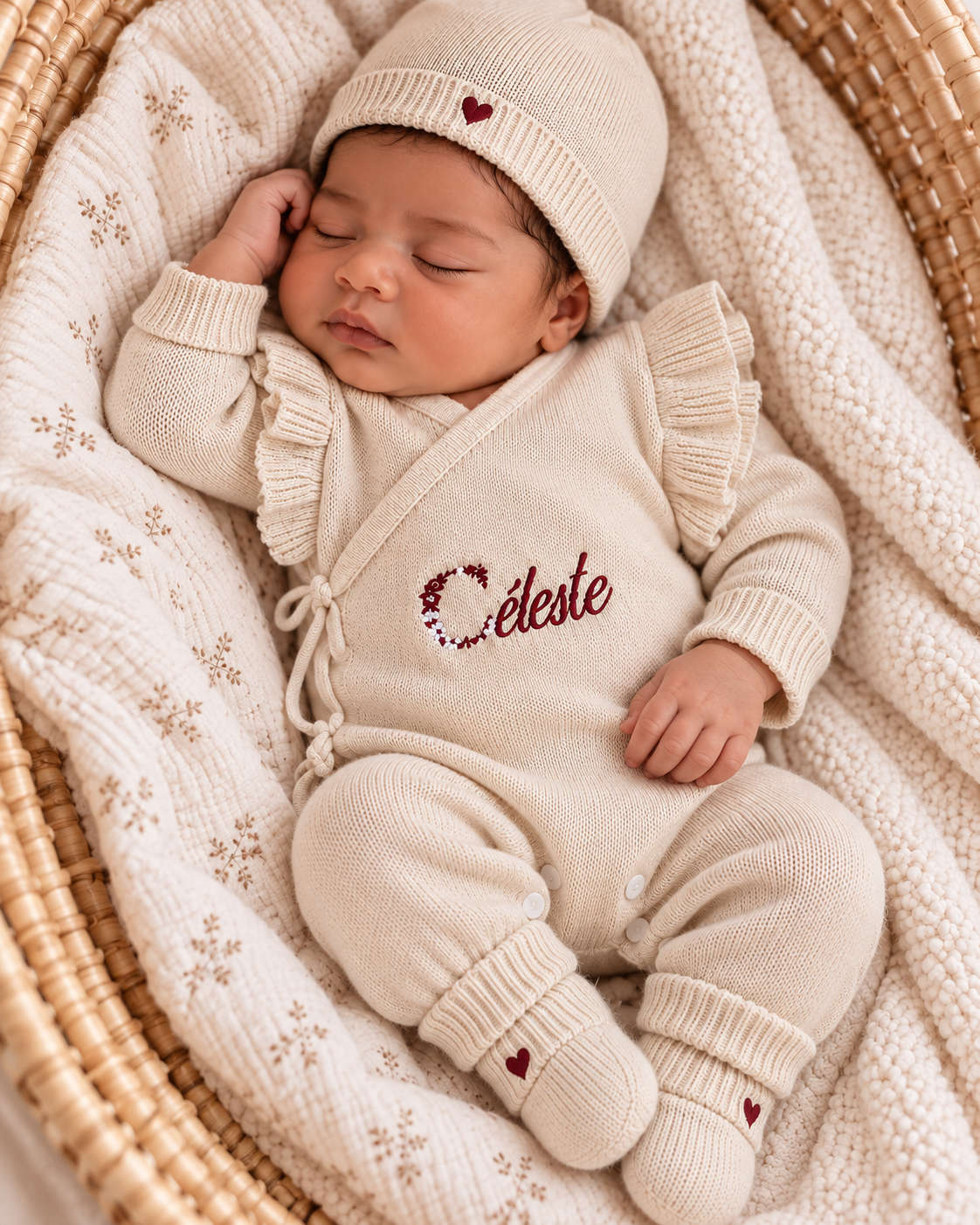 Combinaison naissance personnalisée à volants 100% coton – ensemble 3 pièces