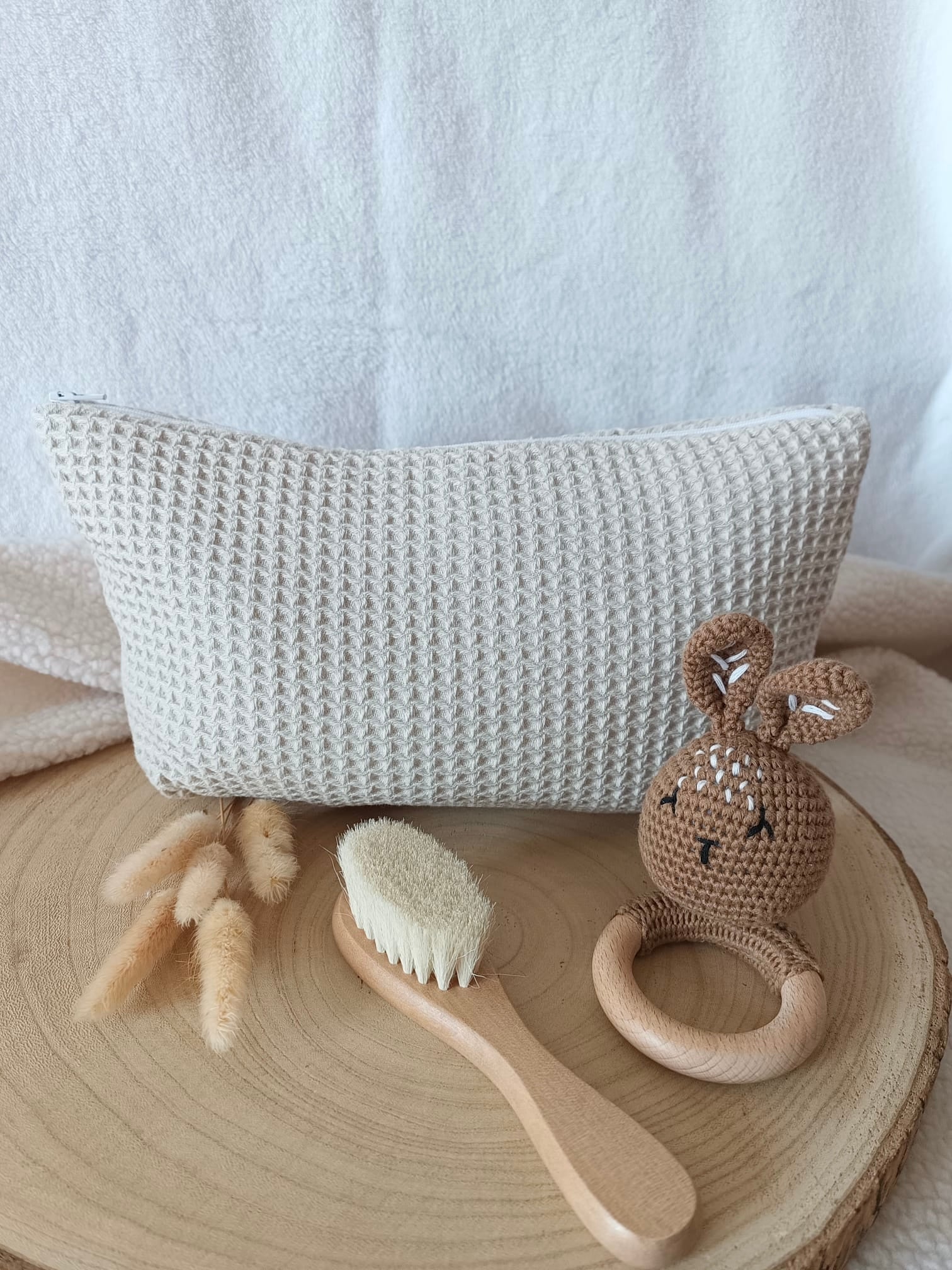 Trousse en nid d’abeille beige - personnalisable -