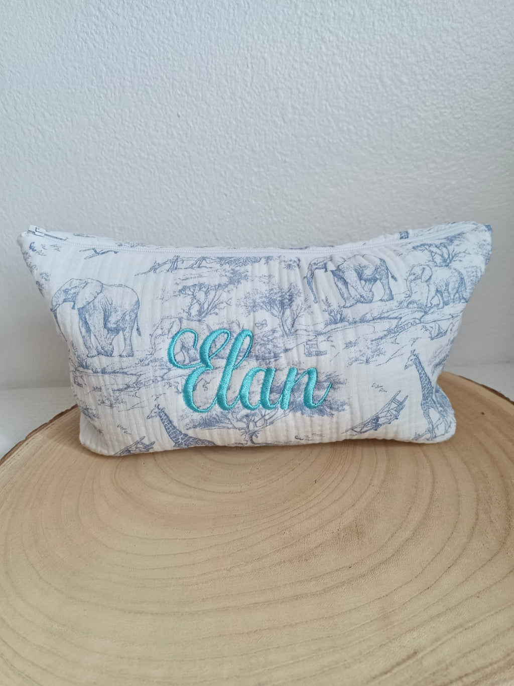 Trousse en gaze de coton safari tons bleuté - personnalisable -