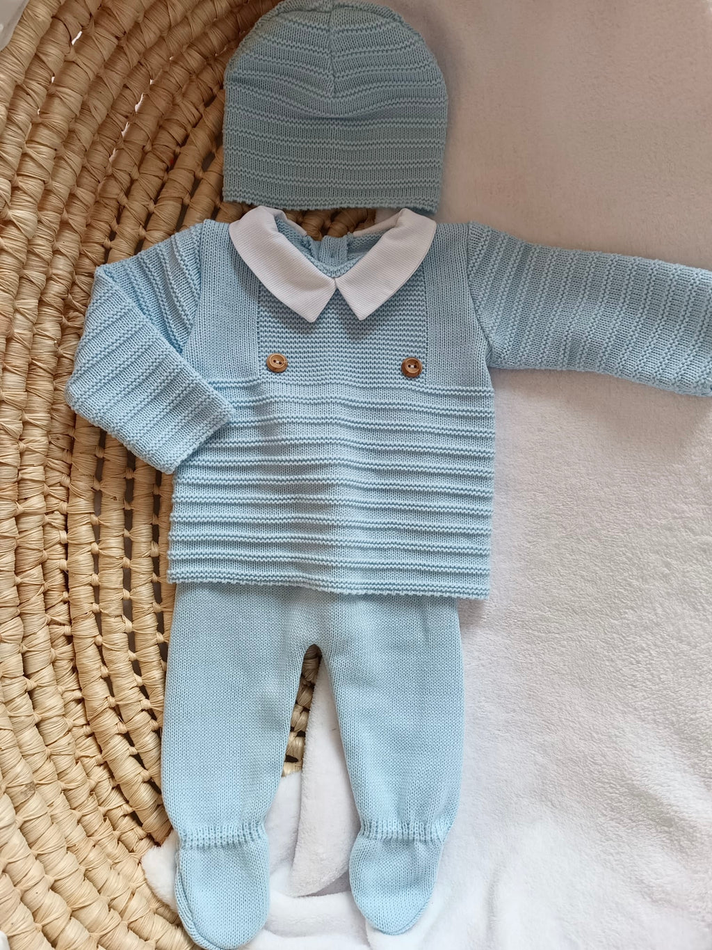 Ensemble complet bleu ciel avec 2 boutons bois 0/3 mois