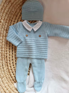 Ensemble complet bleu ciel avec 2 boutons bois 0/3 mois