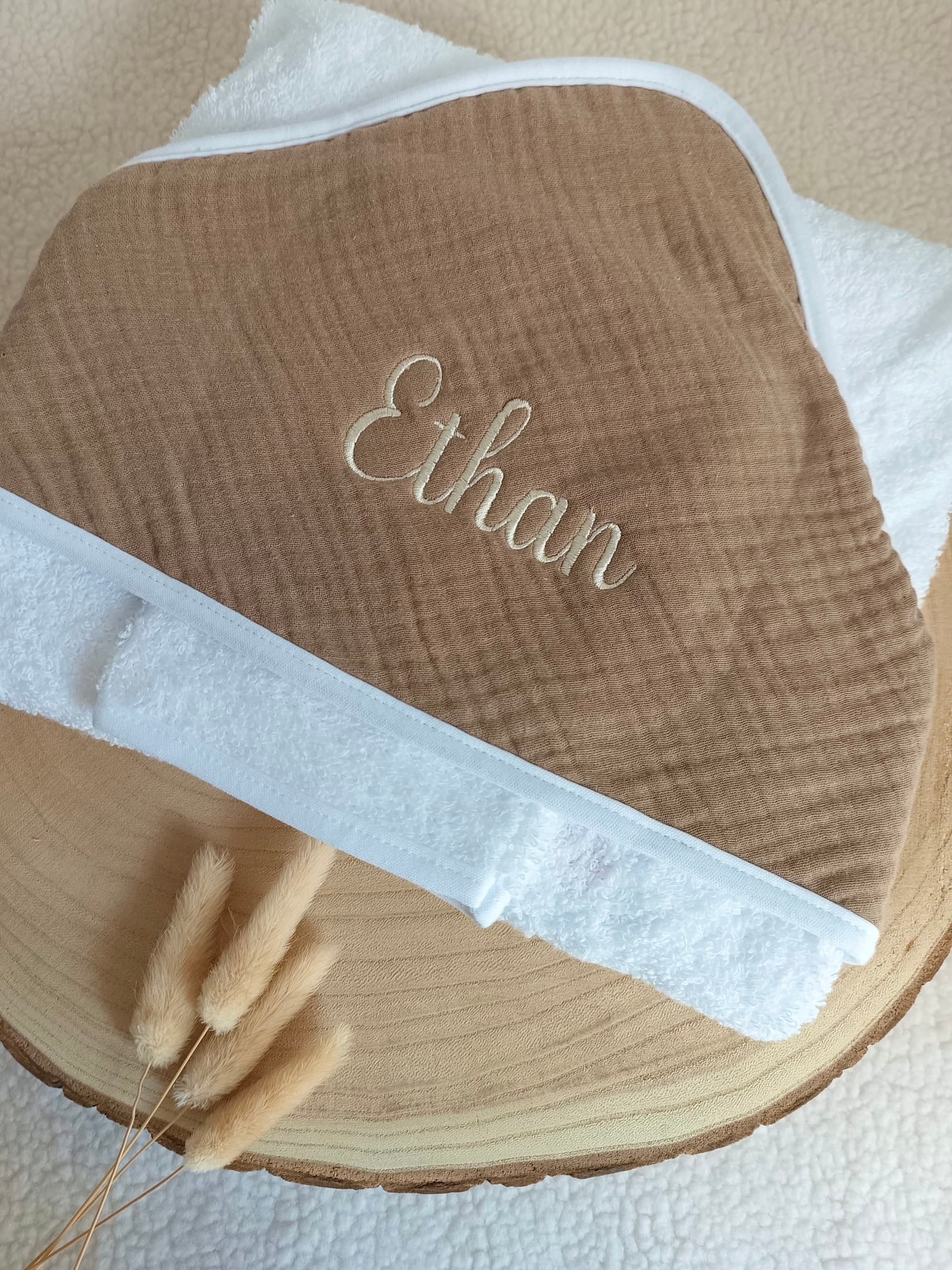 Cape de bain en gaze de coton marron - personnalisable -