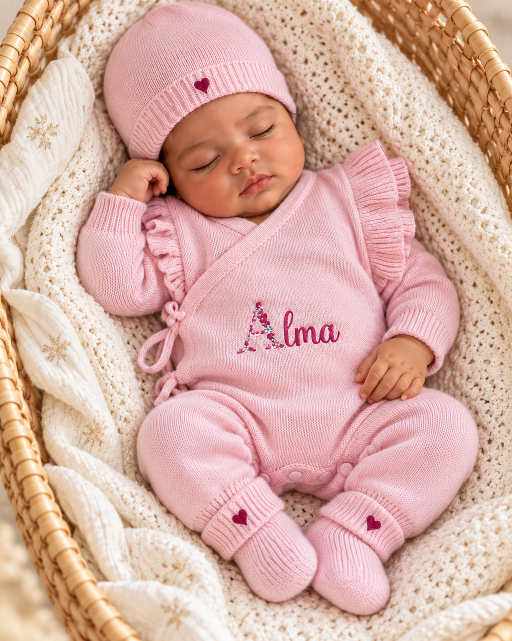 Combinaison naissance personnalisée à volants 100% coton – ensemble 3 pièces
