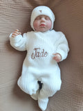 Combinaison maille blanc, croisé, 0/3 mois, 3 pièces - personnalisable -