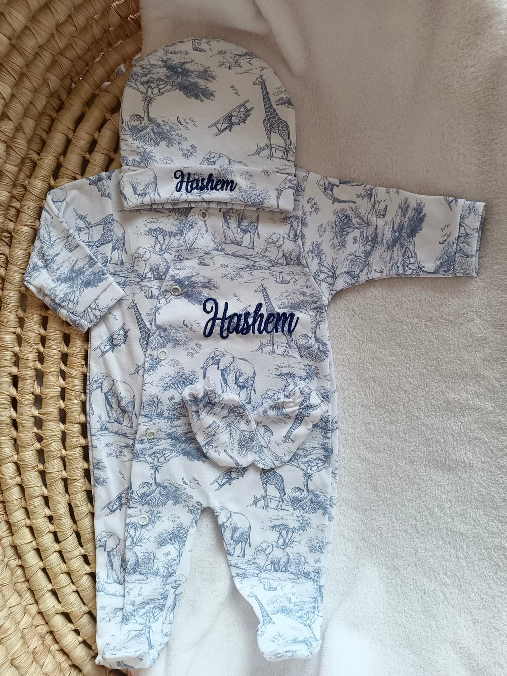 Pyjama naissance personnalisé bébé – 3 pièces, 100 % coton, Collection Safari