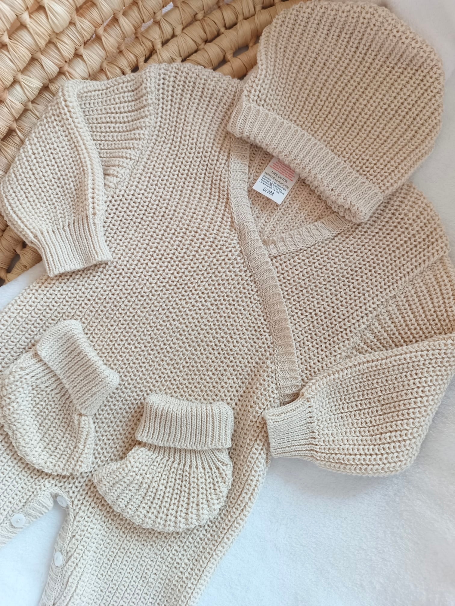 Combinaison maille beige, croisé, 0/3 mois, 3 pièces - personnalisable - 100% coton