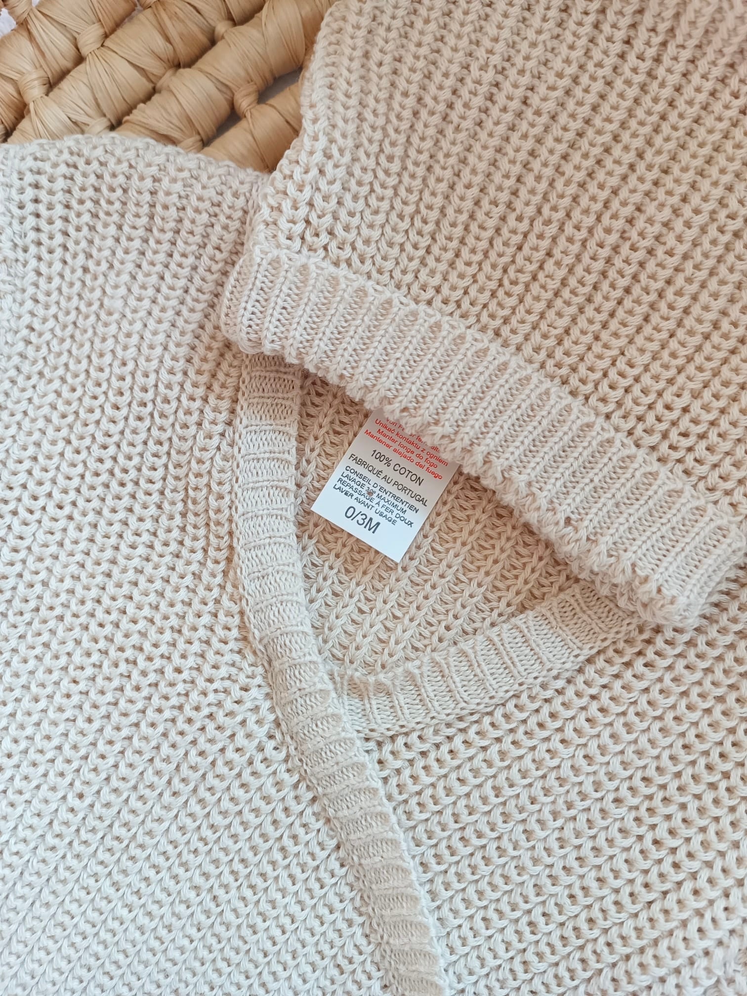 Combinaison maille beige, croisé, 0/3 mois, 3 pièces - personnalisable - 100% coton