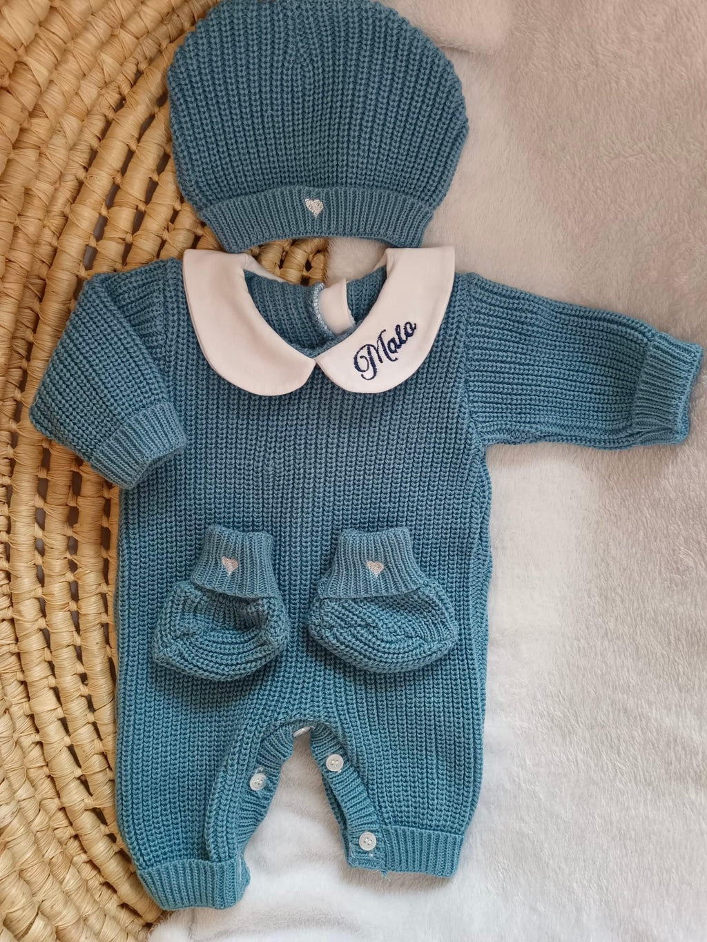 Combinaison naissance personnalisée en maille avec col – ensemble 3 pièces