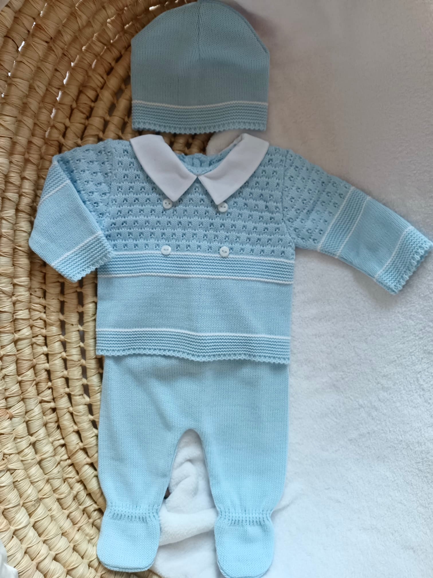 Ensemble complet naissance bleu ciel/blanc 0/3 mois avec boutons