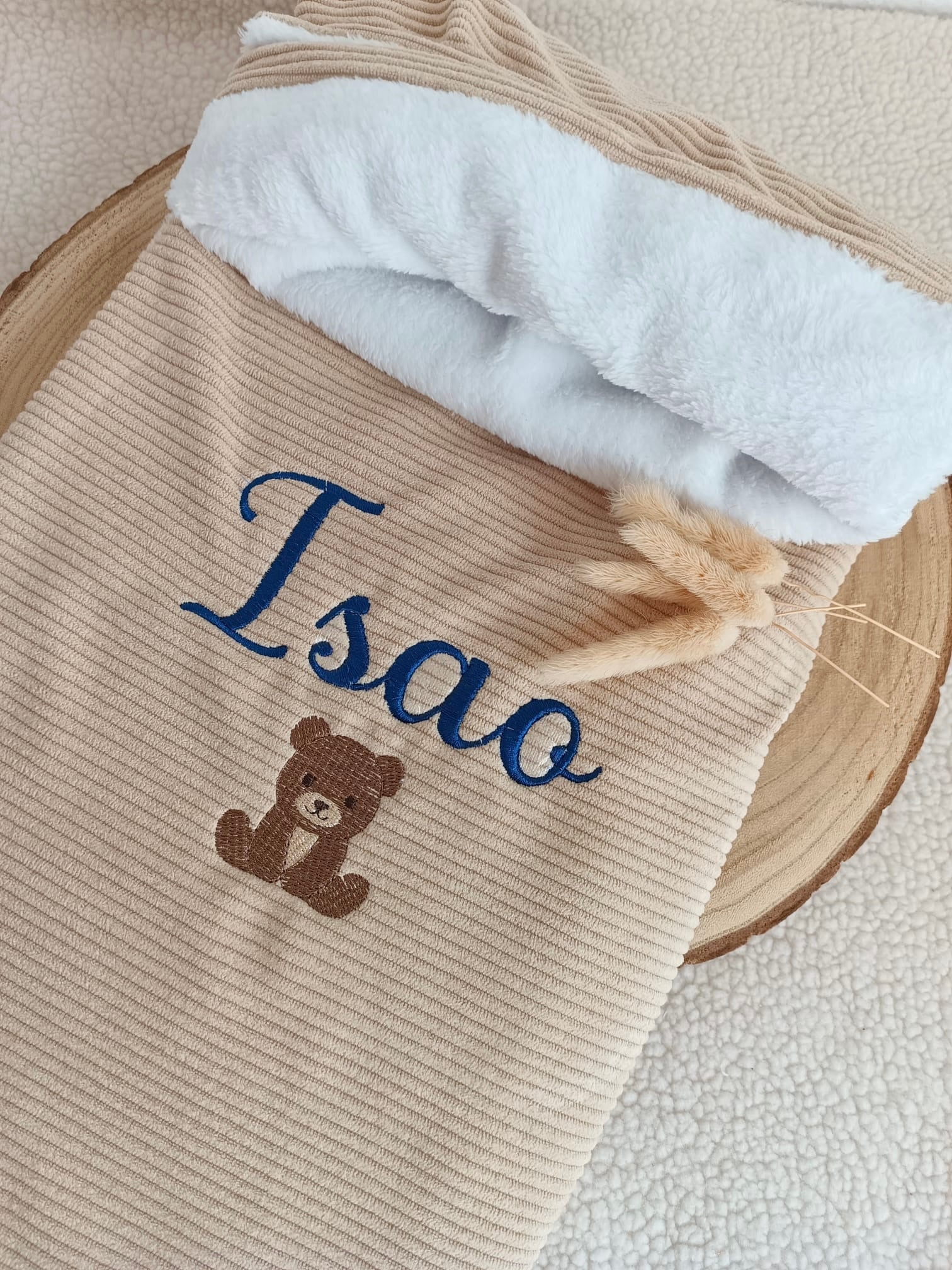 Couverture velours beige et polaire blanc - personnalisable -