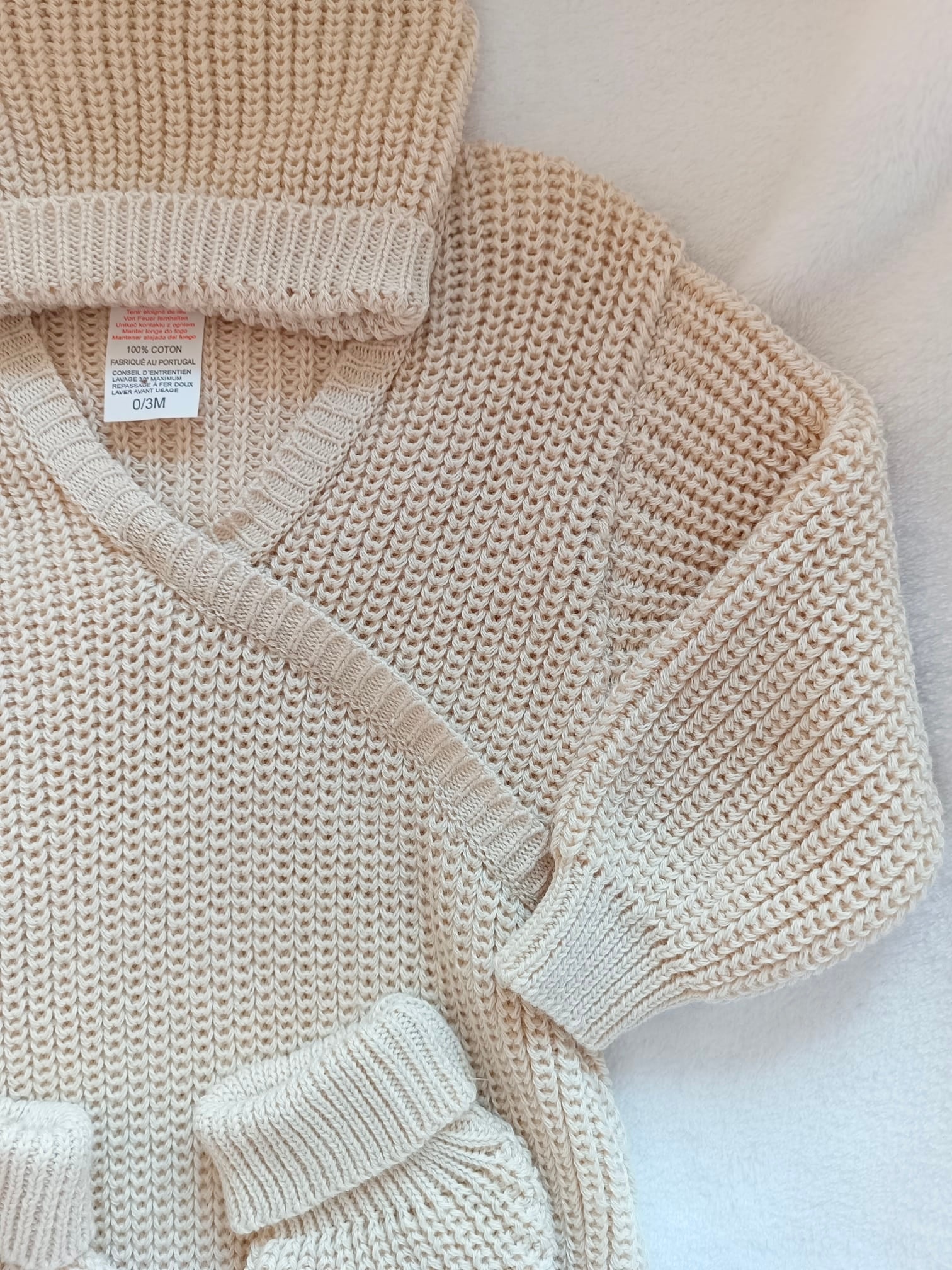 Combinaison maille beige, croisé, 0/3 mois, 3 pièces - personnalisable - 100% coton