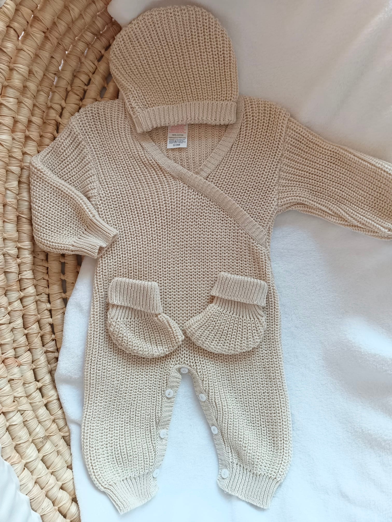 Combinaison maille beige, croisé, 0/3 mois, 3 pièces - personnalisable - 100% coton
