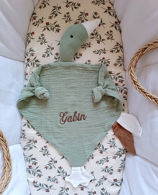 Doudou oie en gaze de coton vert sauge