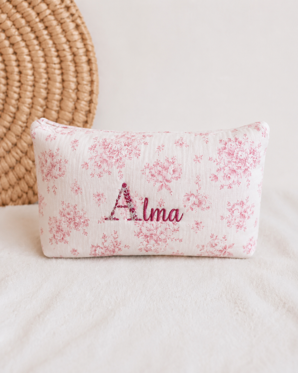 Trousse personnalisée bébé en gaze de coton – Fleurs de coton