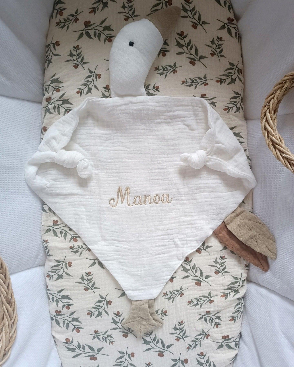 Doudou oie en gaze de coton blanc