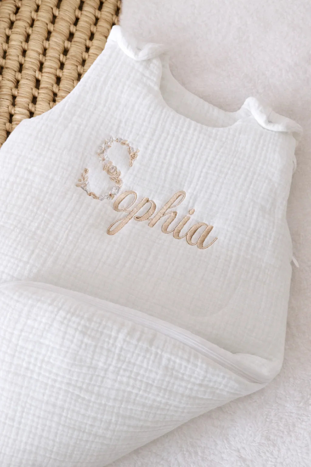 Personalized baby sleeping bag in cotton gauze