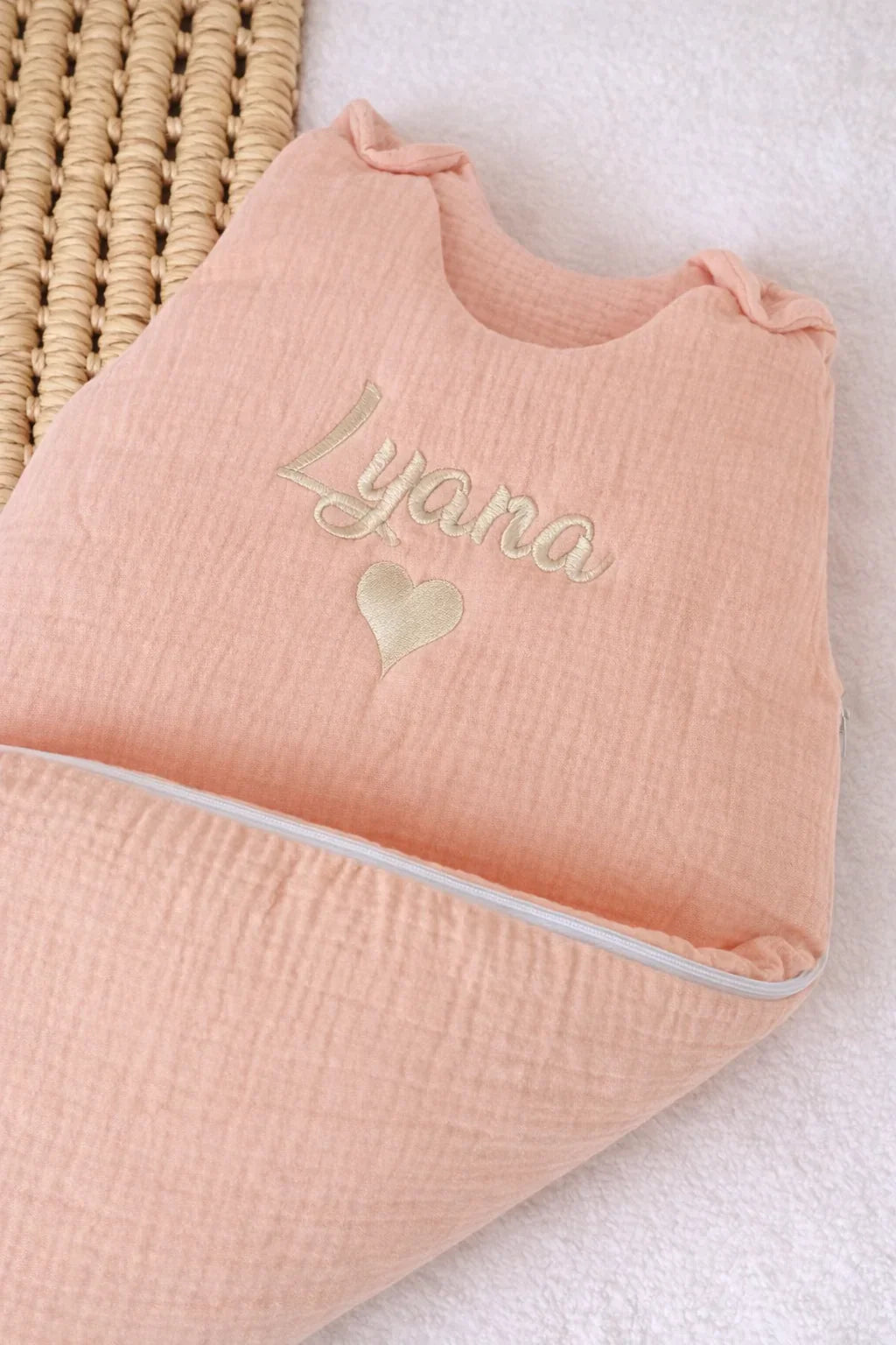 Personalized baby sleeping bag in cotton gauze