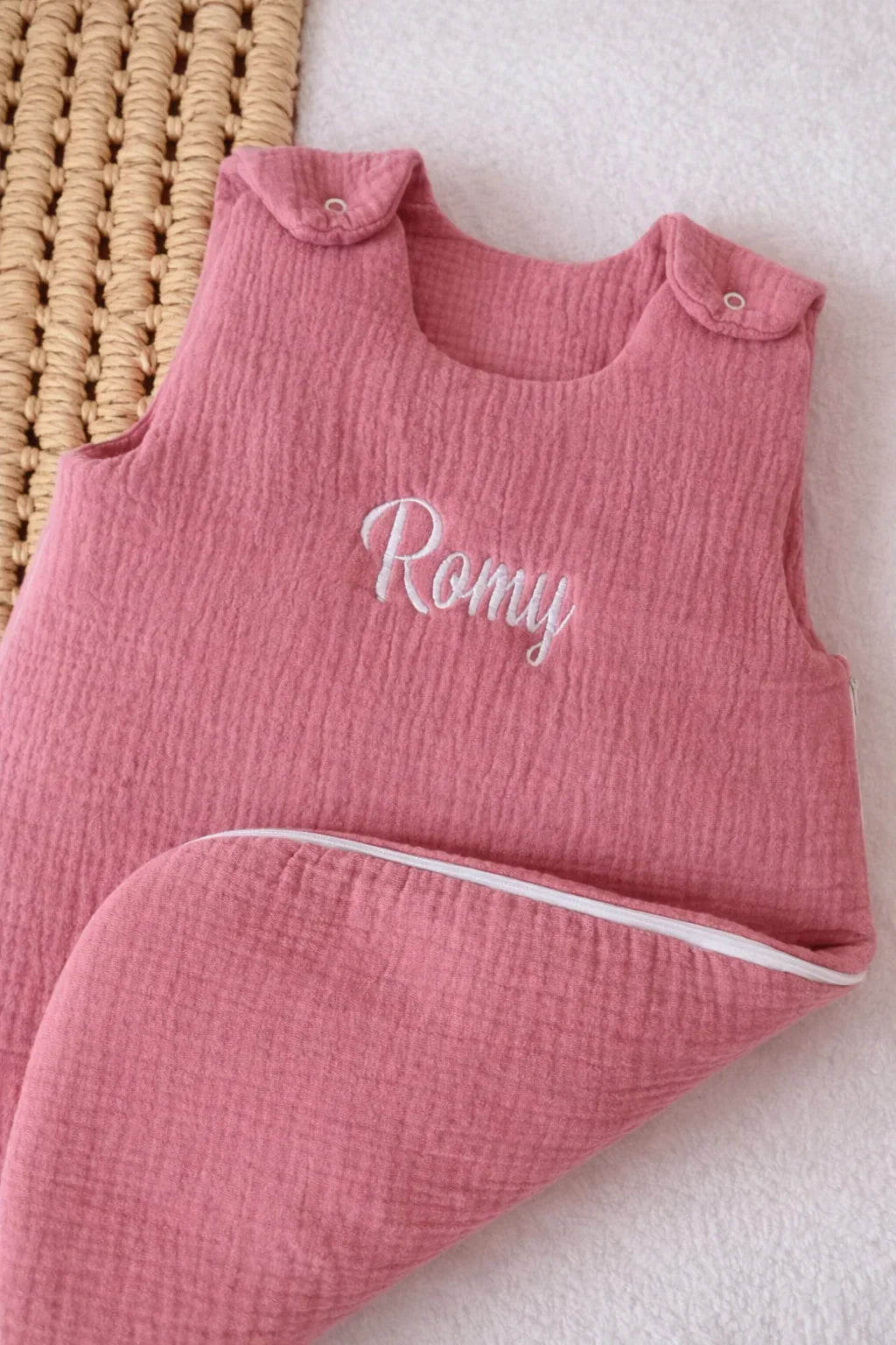 Personalized baby sleeping bag in cotton gauze