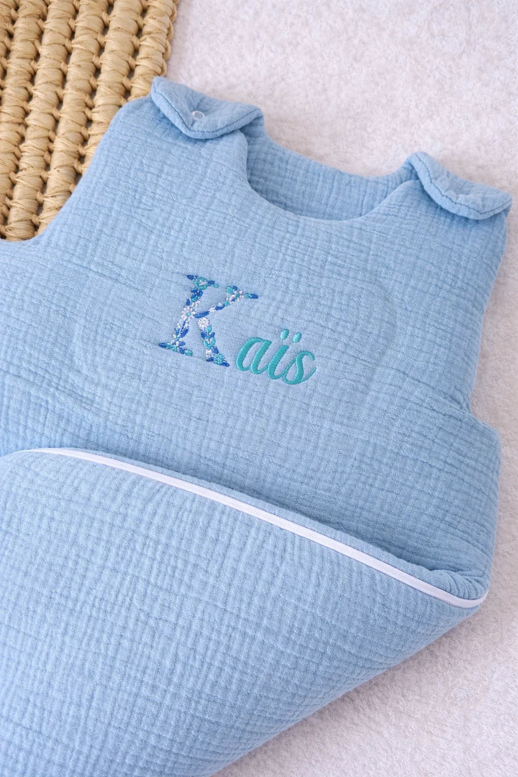 Personalized baby sleeping bag in cotton gauze