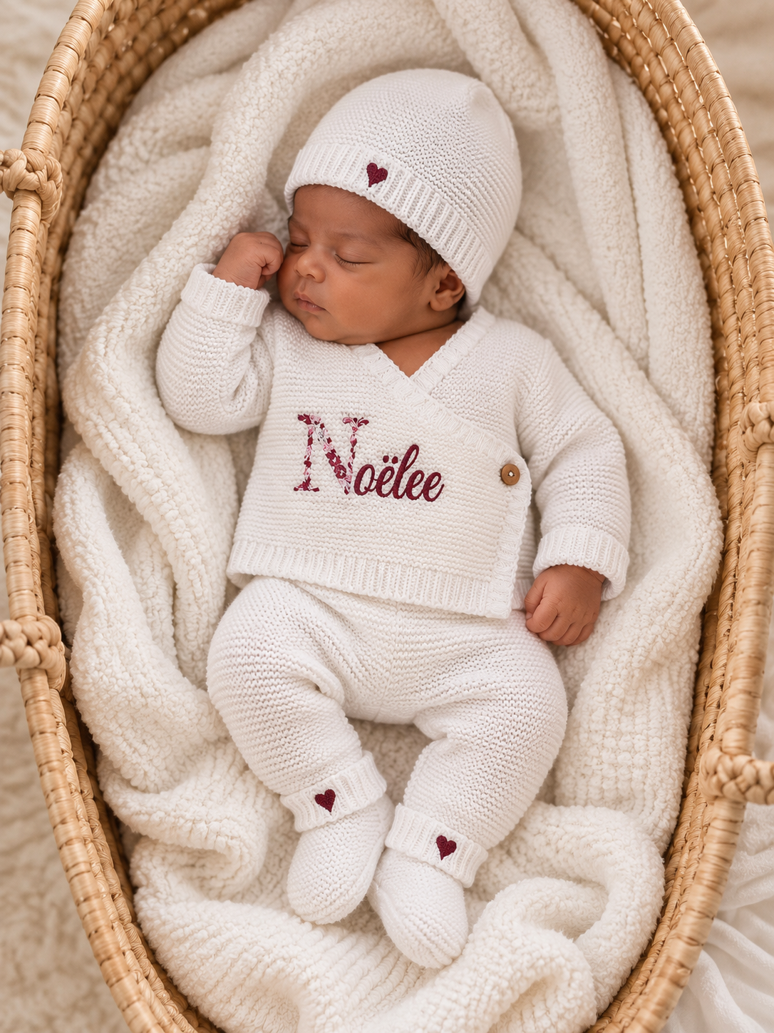 Ensemble naissance personnalisé 4 pièces en maille – lettre fleurie
