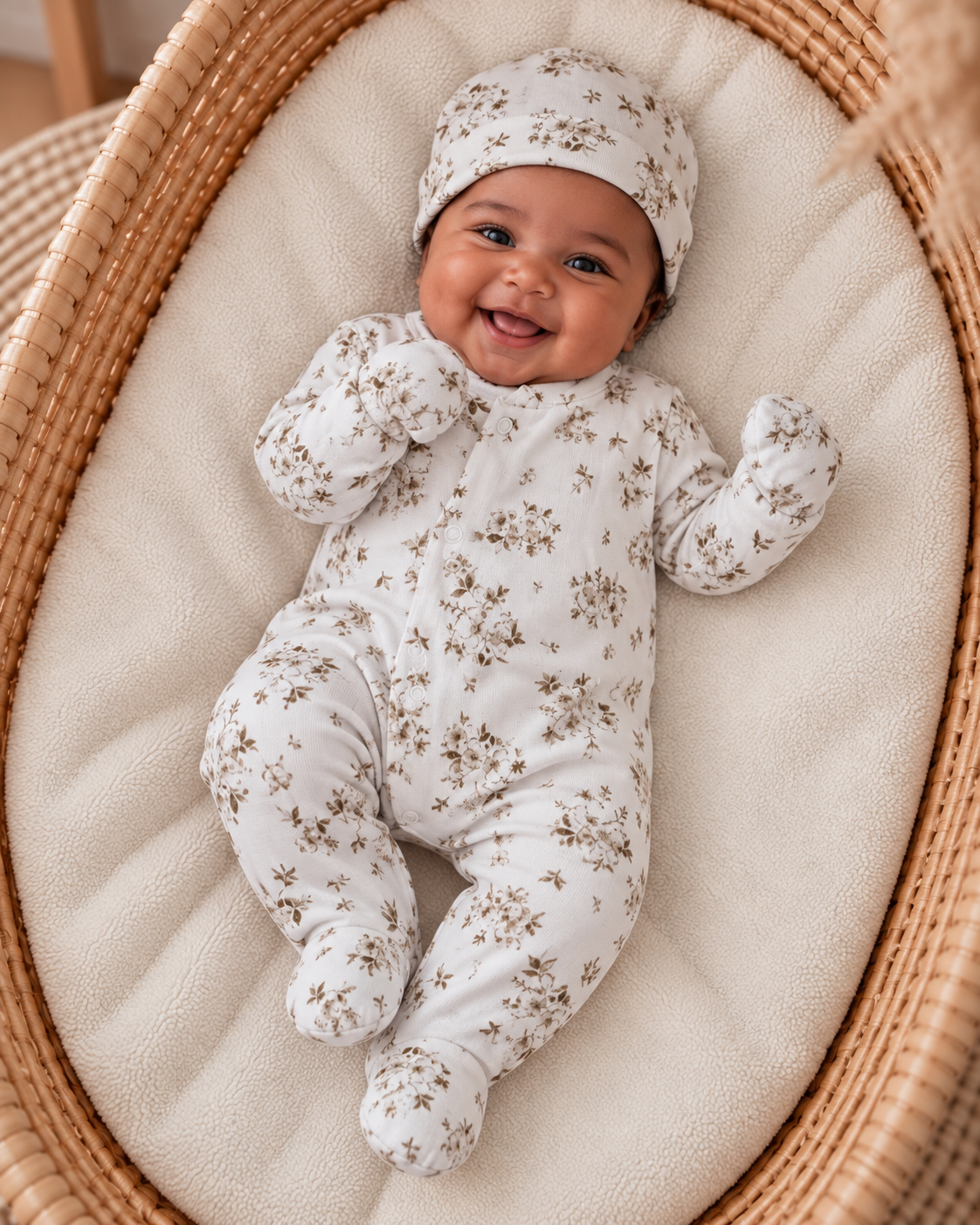 Personalized Newborn Sleepsuit – 3-piece velvet set, Cotton Flowers