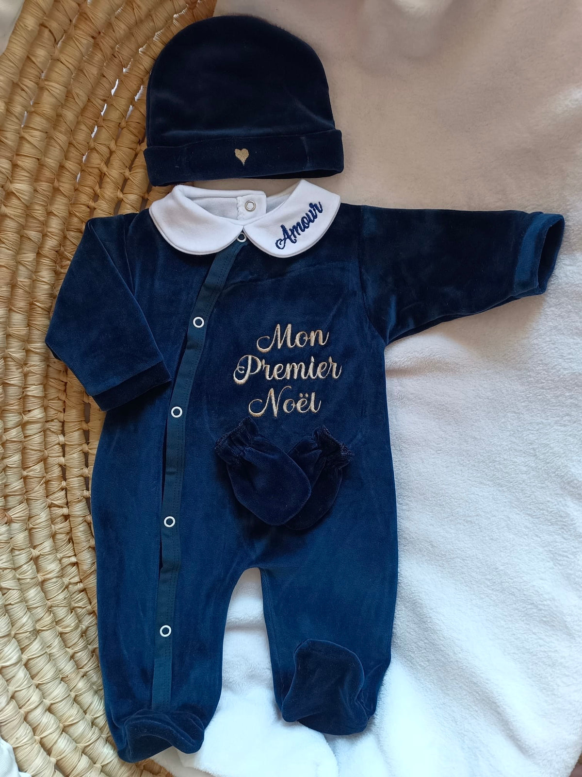 Ensemble bébé Mon Premier Noel brodé - 4 pièces en velours - 0/3 mois