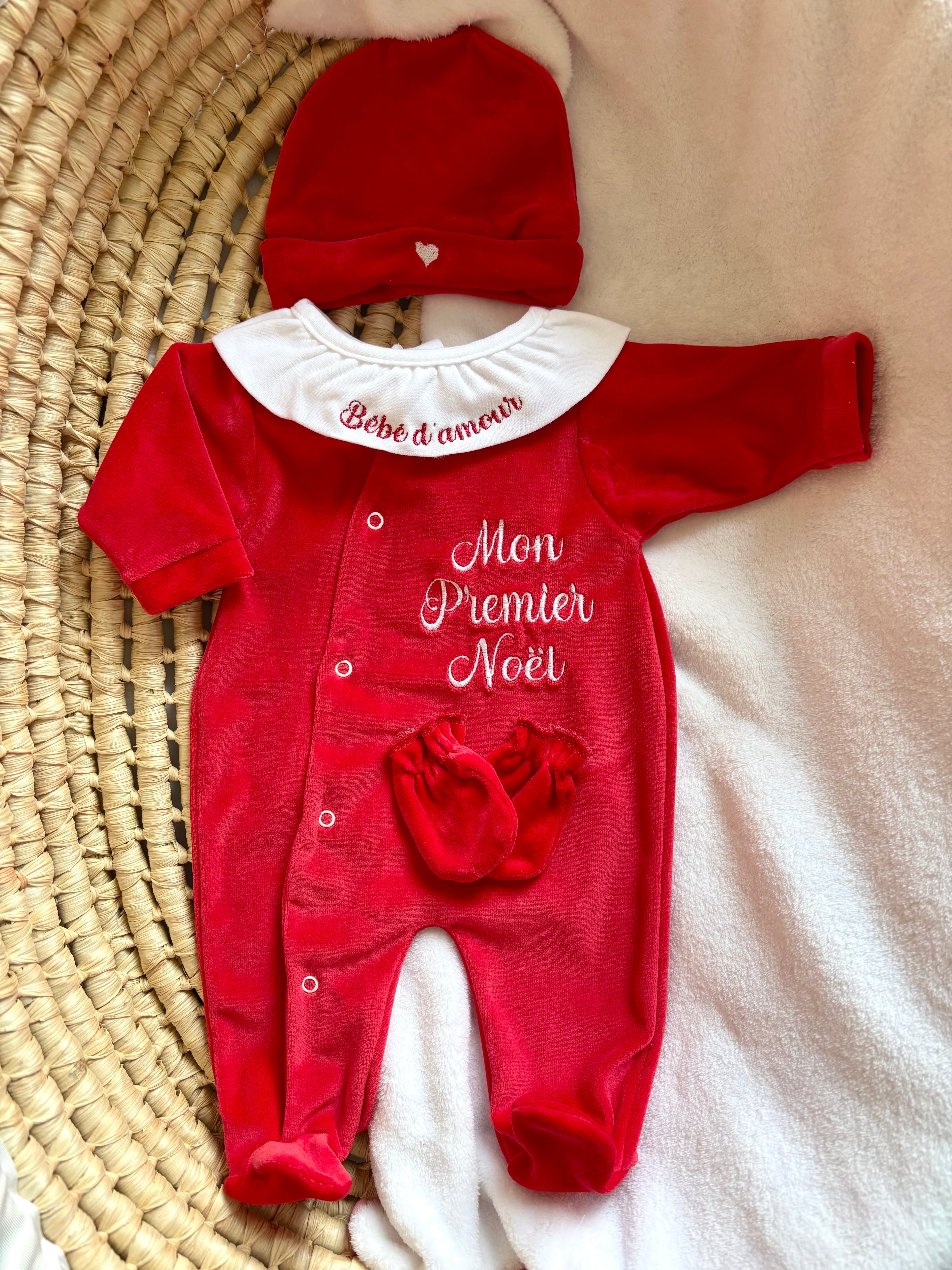 Ensemble pyjama velours 3 pièces + body ml avec col - MON PREMIER NOËL - 0/3 mois